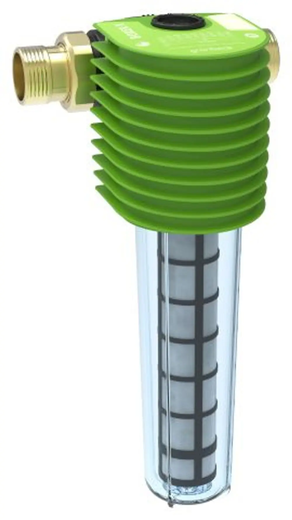 Grünbeck Feinfilter in grüner Kunststoffummantelung mit klarer Filterkammer und Anschluss für Wasserleitungen.